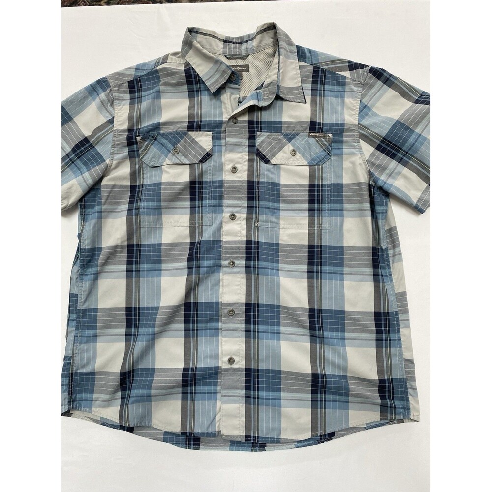 Eddie Bauer Men's L Short Sleeve Plaid Fishing Hiking Shirt Blue Cotton Blend